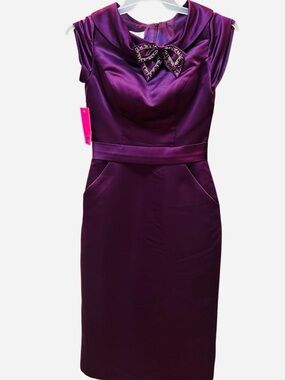 NWT- VENUS - PURPLE PLUM Satin Sheath Dress with JEWELED BOW